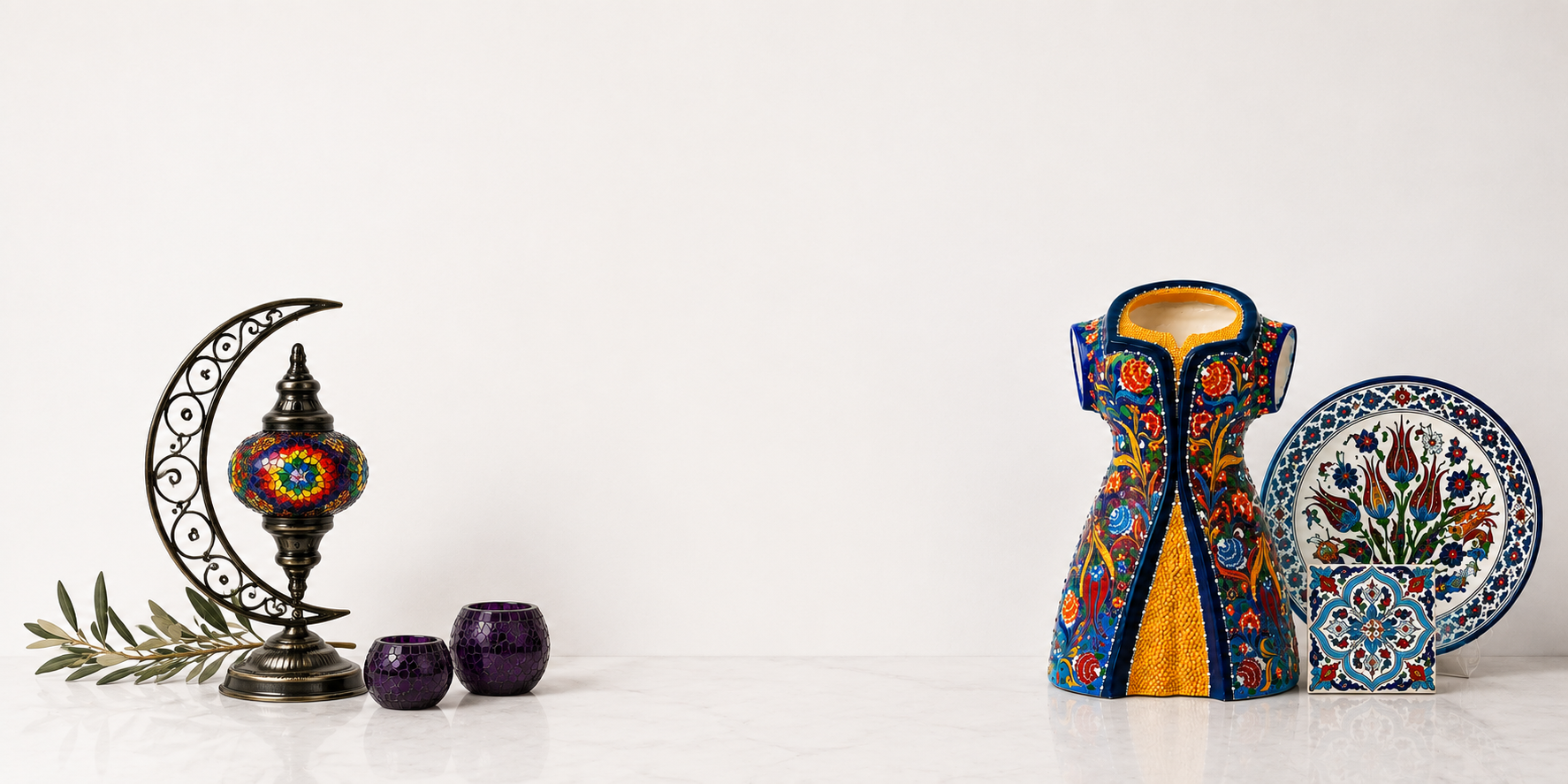 Hand-painted Turkish ceramic collection with kaftan, plate, tile and bowl