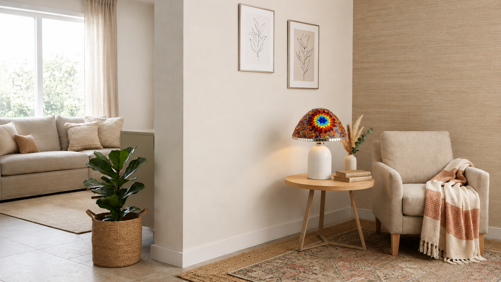 Mosaic table lamp in a bright contemporary living room